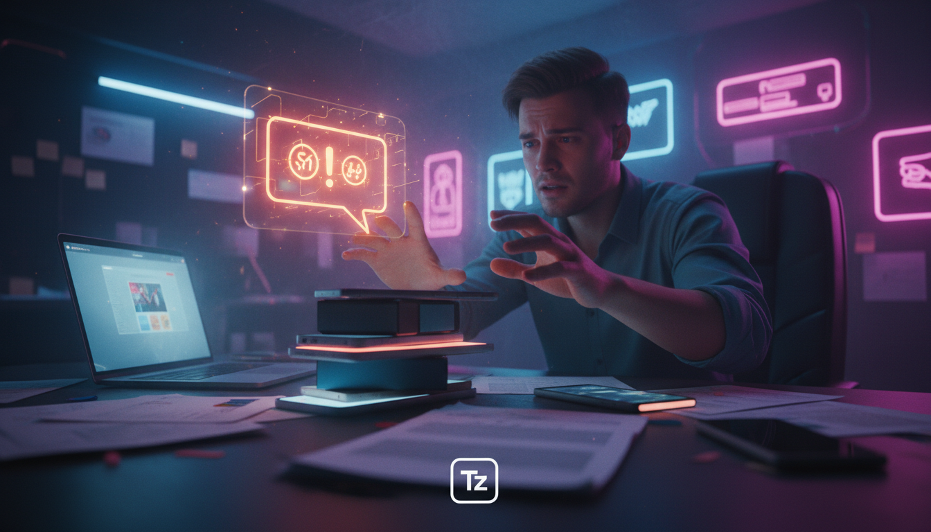 Como construir business case para Chatbot Instagram DM — Uma mesa de escritório caótica, com papéis espalhados, vários smartphones tocando e uma pessoa visivelmente sobrecarregada tentando responder a