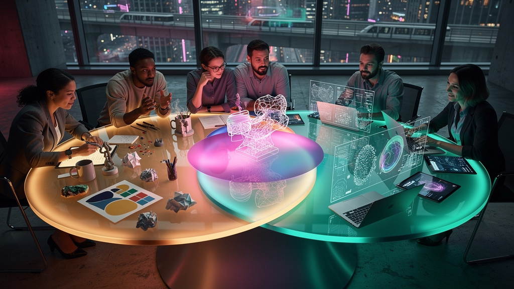 Como construir business case para equipes híbridas de IA em 2026 — Um diagrama de Venn estilizado mostrando a interseção entre 'Habilidades Humanas' (criatividade, inteligência emocional) e 'Capacidad