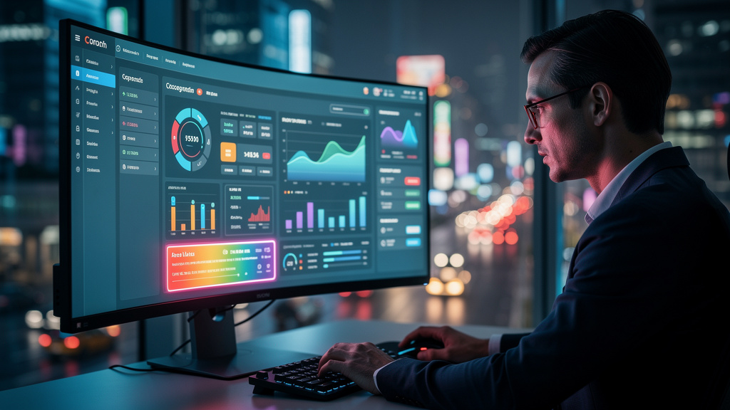 Como construir business case para fluxos de Human Approval em workflows de IA — Um especialista financeiro analisando um dashboard complexo da Toolzz AI em seu computador. No canto da tela, um alerta 