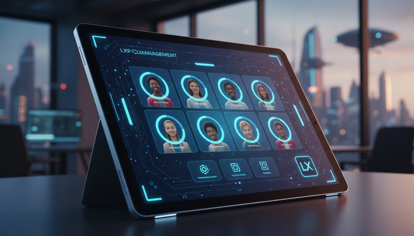 Como construir business case para gestão de turmas LXP em 2026? — Close-up de um tablet exibindo uma interface de gestão de turmas LXP, mostrando perfis de alunos, barra de progresso e opções de perso