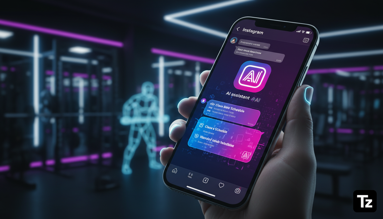 Como construir business case para IA no Instagram para academias — Close-up de um smartphone exibindo uma conversa no Instagram DM. A IA da Toolzz está em ação, com o logo da Toolzz no avatar do perfi