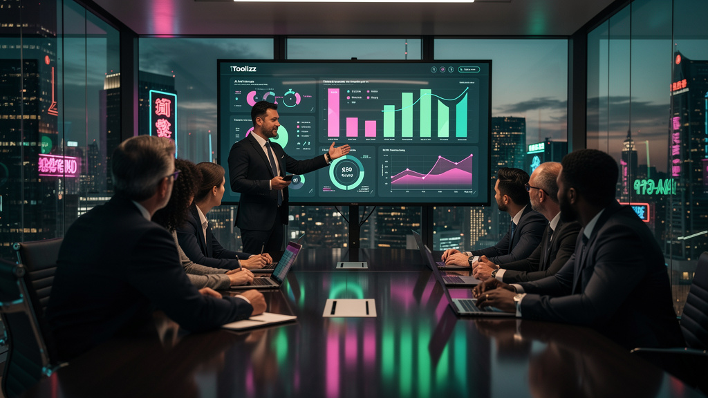 Como contratar Toolzz: guia rápido — Um consultor da Toolzz apresenta um dashboard com gráficos e métricas de IA para uma equipe de executivos. O dashboard exibe o logo da Toolzz no canto superior esq