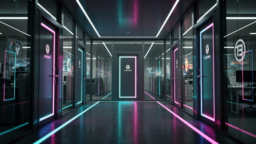 Como contratar Toolzz: guia rápido — Um labirinto de escritórios corporativos, com várias portas representando diferentes plataformas de LMS. Uma porta se destaca, iluminada e com o logo da Toolzz aci