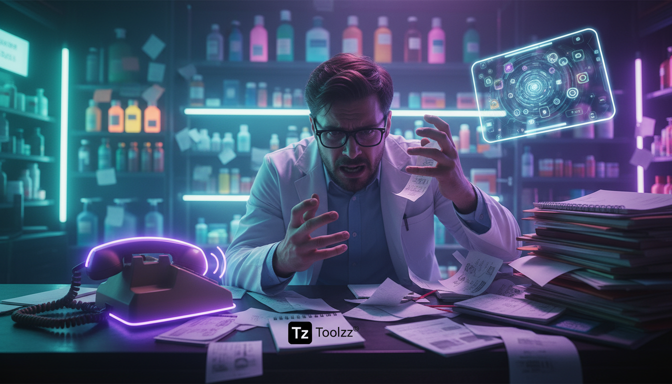 Como contratar Toolzz: guia rápido de agendamento via Instagram — Um atendente de farmácia sobrecarregado, cercado por pilhas de papéis com agendamentos e um telefone tocando incessantemente. Expressã