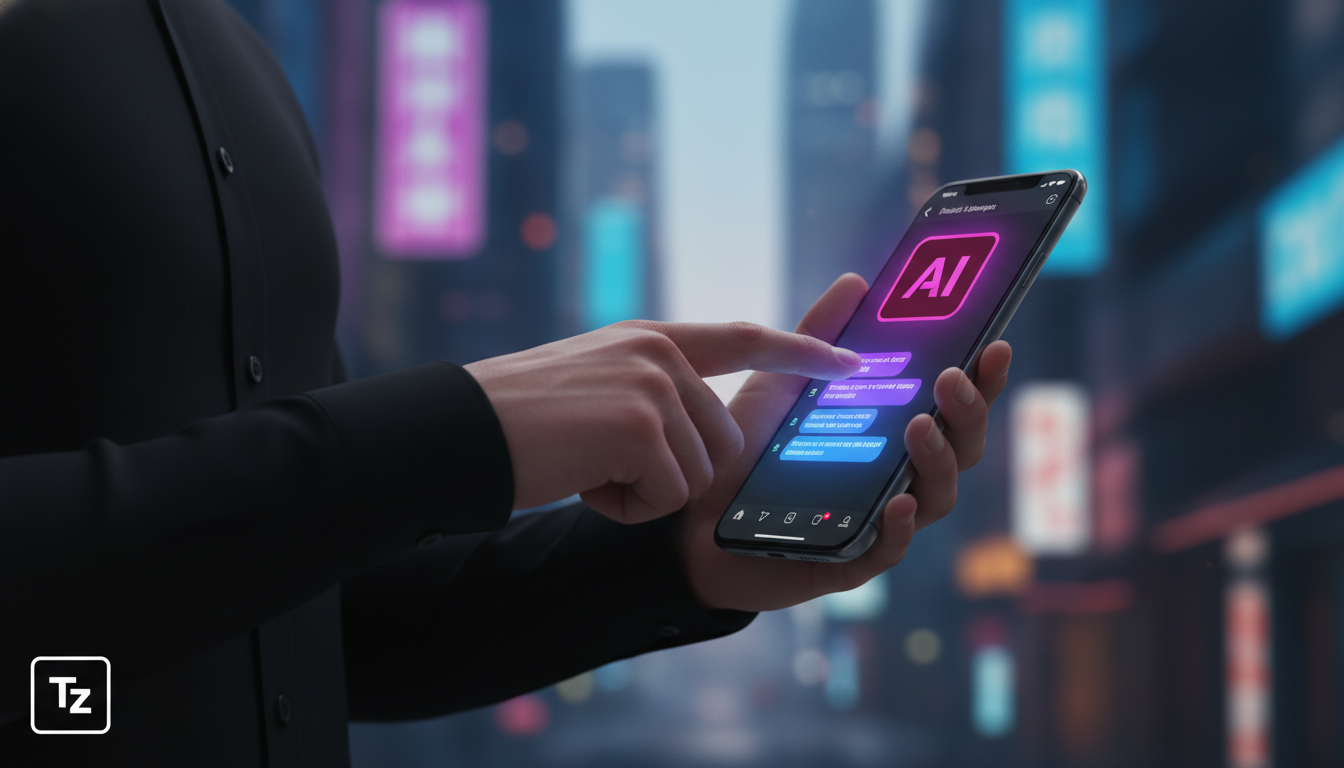 Como contratar Toolzz: guia rápido para Agente IA no Instagram — Close-up das mãos de um arquiteto tocando a tela de um smartphone mostrando uma notificação de DM do Instagram. A notificação é respond