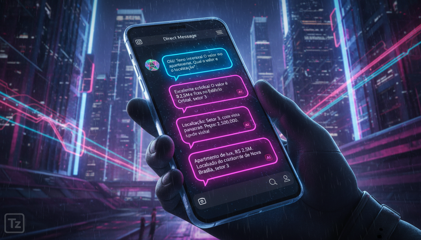 Como contratar Toolzz: guia rápido para Instagram em 2026 — Um close-up estilizado de um smartphone mostrando uma conversa ativa no Instagram DM. A interface da Toolzz AI está integrada na conversa, s