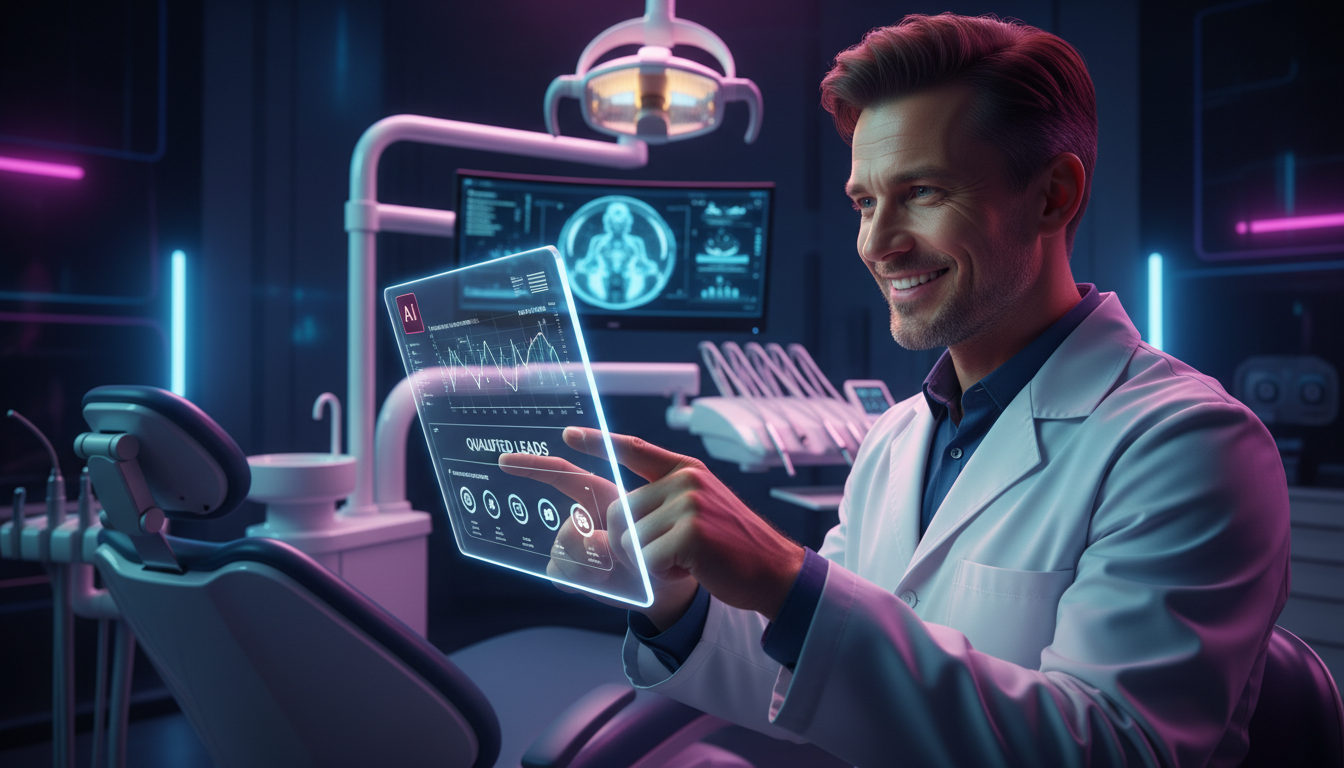 Como contratar Toolzz: guia rápido para leads em odontologia — Um dentista moderno em seu consultório, usando um tablet com o painel da Toolzz AI aberto, mostrando dados e insights sobre leads qualifi