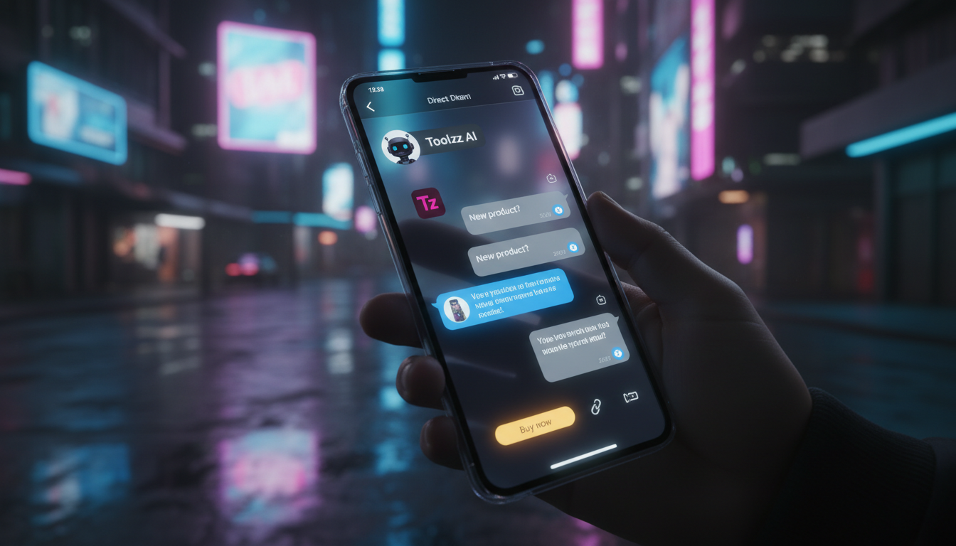 Como criar cultura de Atendimento com IA no Instagram em 2026 — Close-up de uma tela de smartphone mostrando uma conversa no Instagram Direct. A conversa é entre um cliente e um chatbot da Toolzz AI. 