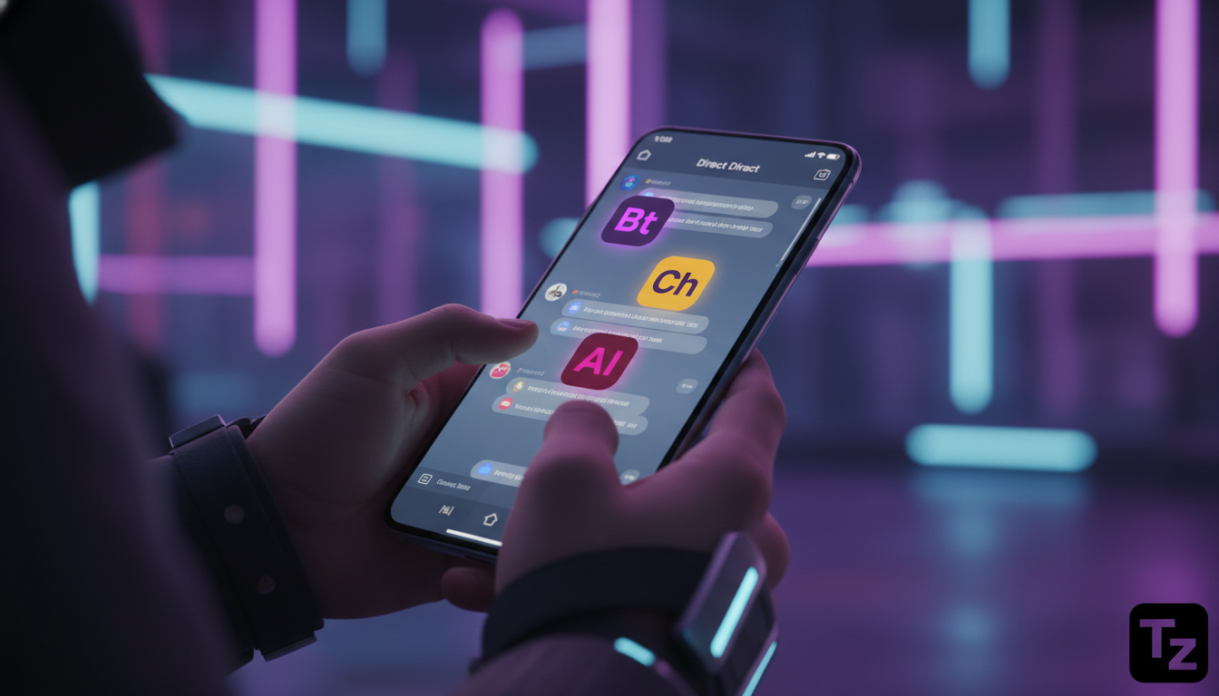 Como criar cultura de Atendimento Instagram em 2026 — Um close-up das mãos de uma pessoa digitando em um smartphone. A tela do smartphone mostra a interface do Direct do Instagram com uma conversa em 