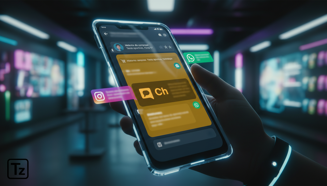Como criar cultura de atendimento omnichannel no varejo em 2026 — Close-up em um smartphone exibindo uma conversa omnichannel em andamento, mostrando a transição fluida entre Instagram, WhatsApp e cha
