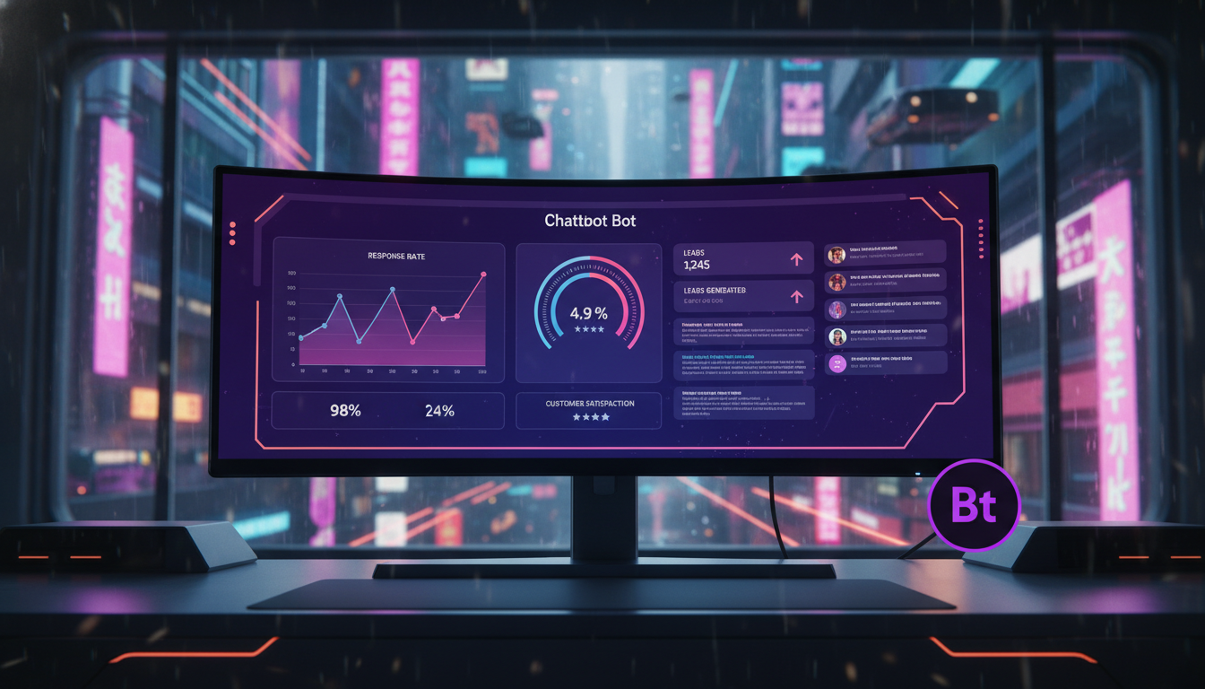 Como criar cultura de Chatbot Instagram em 2026 — Um elegante painel de controle de chatbot do Instagram exibido em um monitor widescreen ultramoderno. O painel mostra métricas de desempenho em tempo 