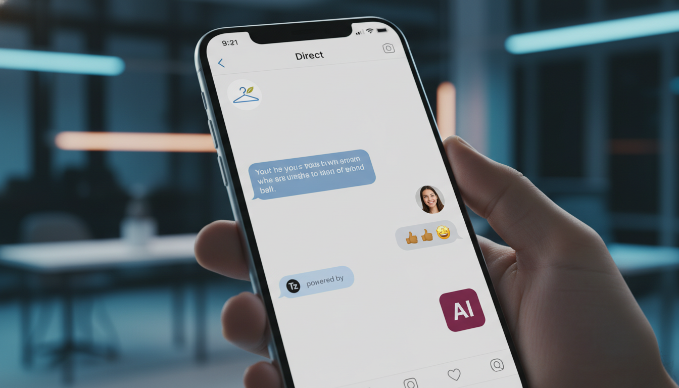 Como criar cultura de IA no atendimento ao cliente em 2026 — Close-up de uma tela de smartphone mostrando uma conversa no Instagram Direct. A conversa é entre uma marca de roupas e um cliente. A marca