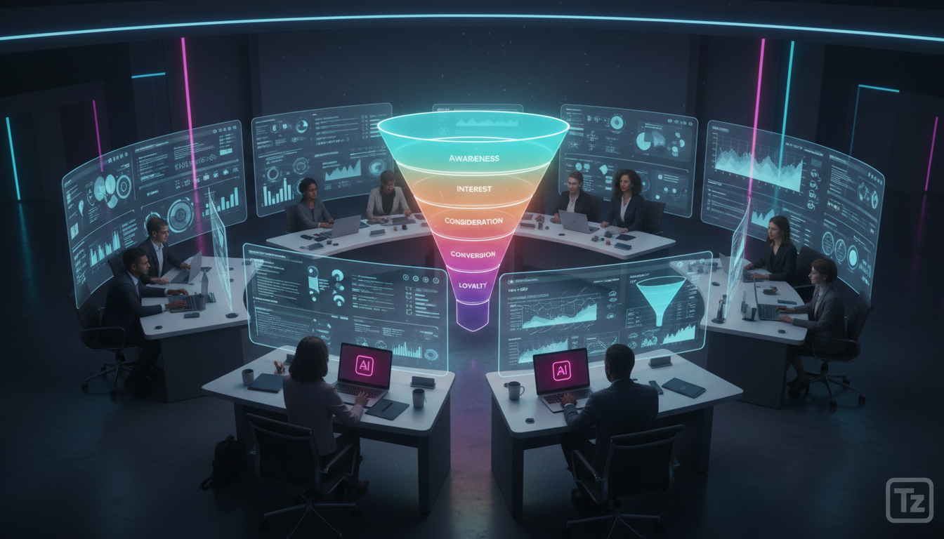 Como criar cultura de IA no marketing Instagram em 2026 — Visão aérea de um escritório de marketing moderno e minimalista. Vários profissionais colaboram em torno de mesas com telas holográficas exibi