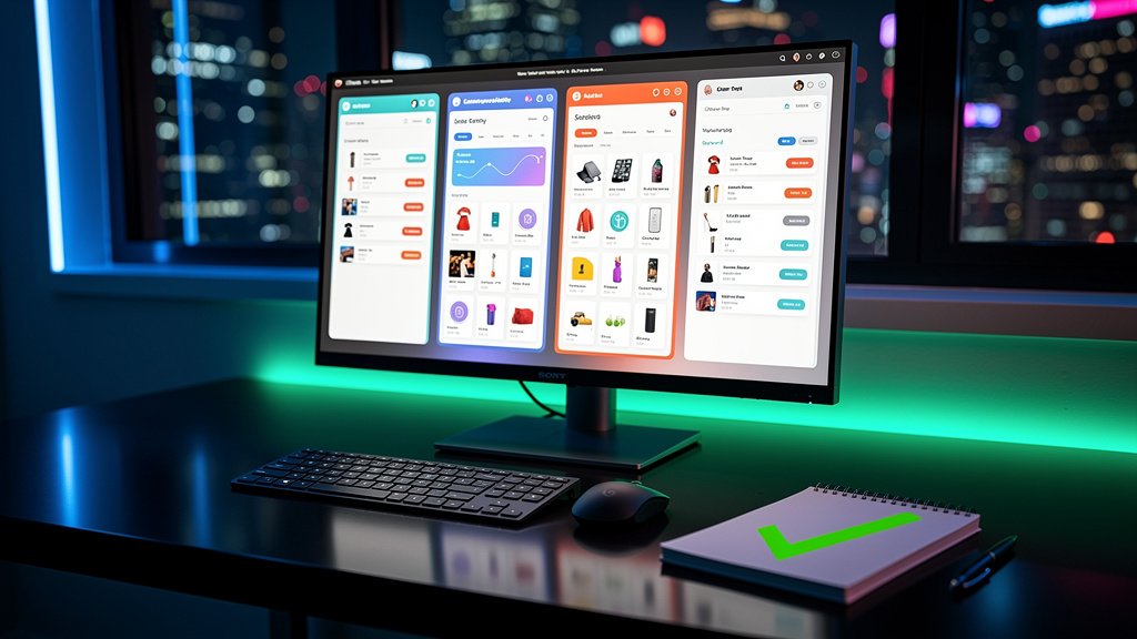 Como Criar um Site de Vendas: Guia Completo — Uma tela de computador mostrando várias plataformas de e-commerce (Shopify, WooCommerce, Magento, Nuvemshop) dispostas lado a lado em janelas. Na frente, 