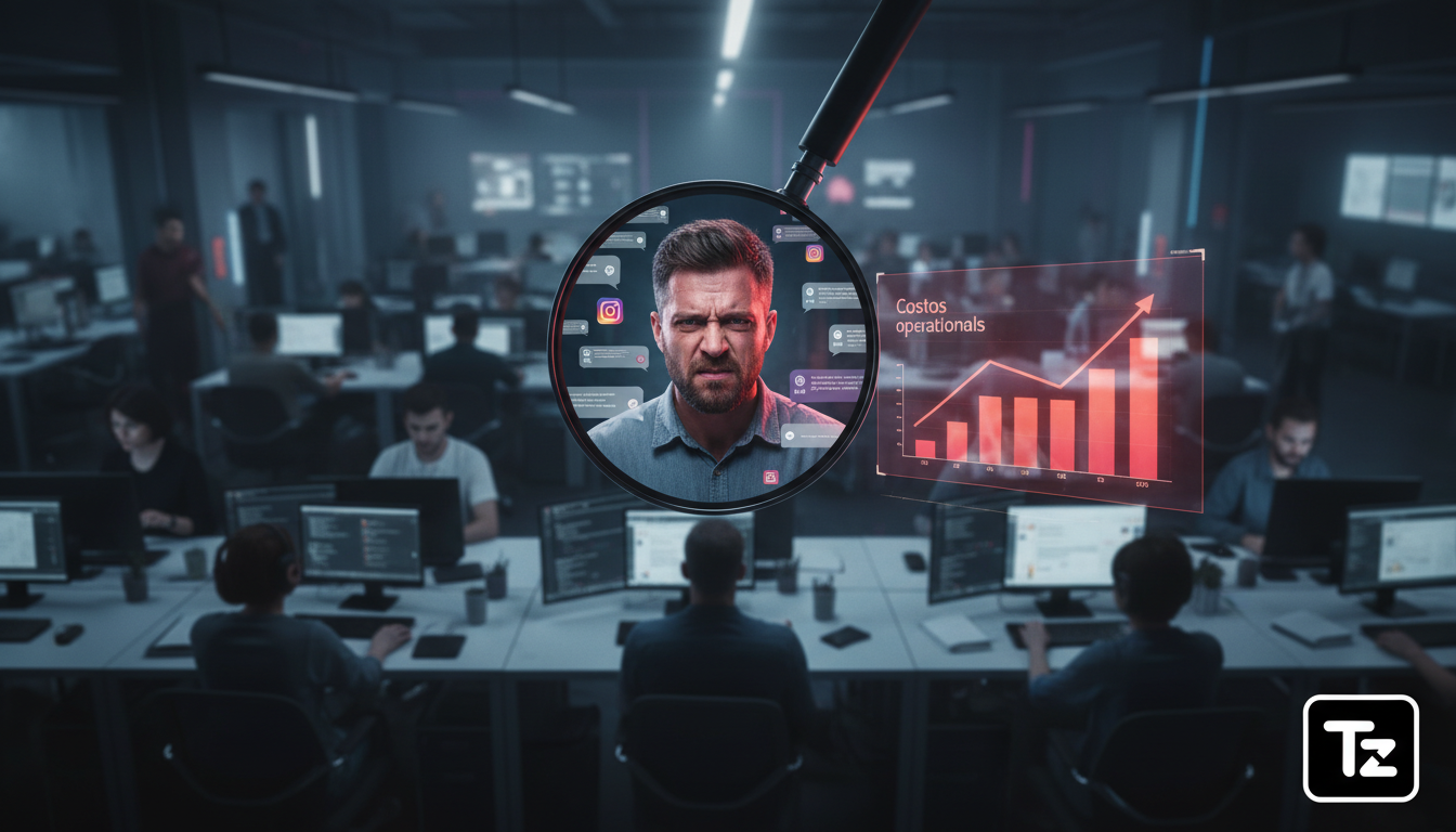 Como economizar 7 mil por mês com atendimento Instagram — Um escritório moderno e movimentado visto de cima, com vários funcionários trabalhando em seus computadores. No entanto, uma grande lupa está 