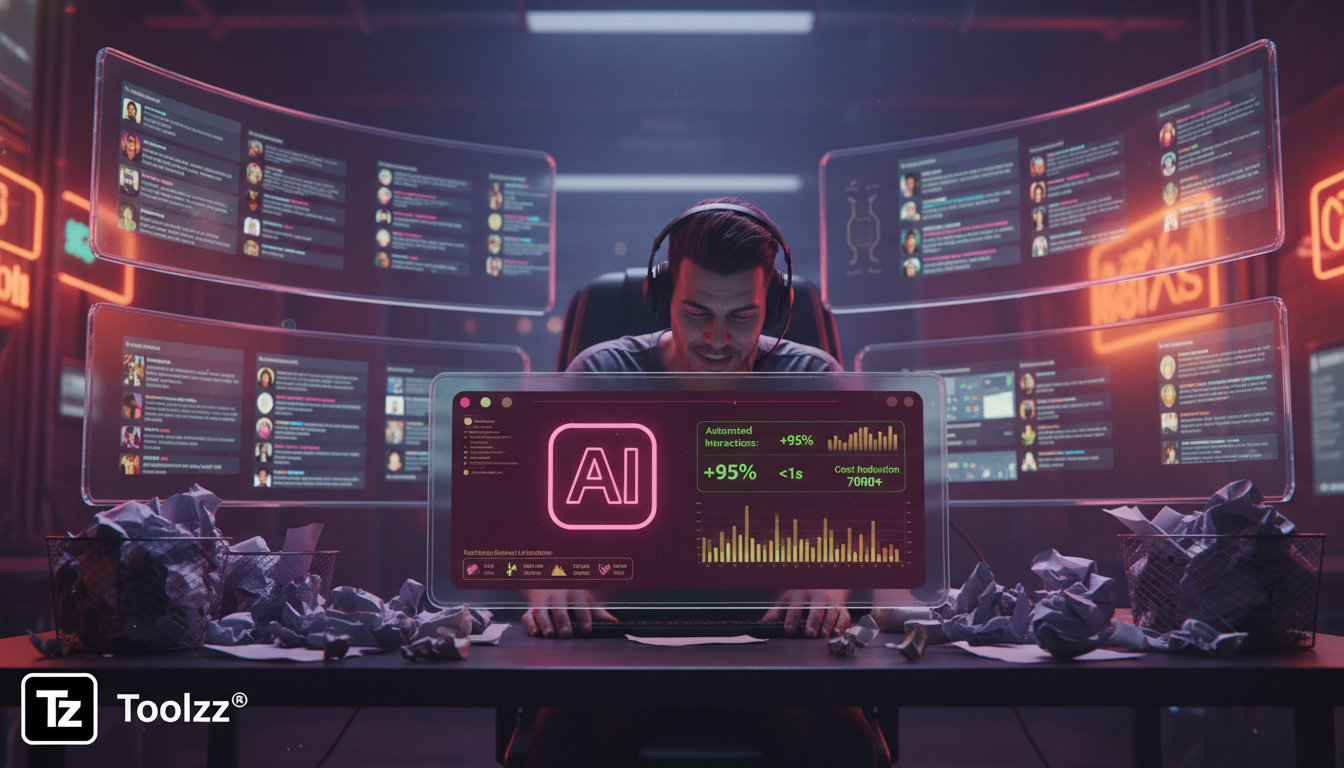 Como economizar 7 mil por mês com IA para Instagram — Um atendente de suporte ao cliente, visivelmente sobrecarregado, cercado por pilhas de papéis e vários monitores exibindo feeds do Instagram. Expr