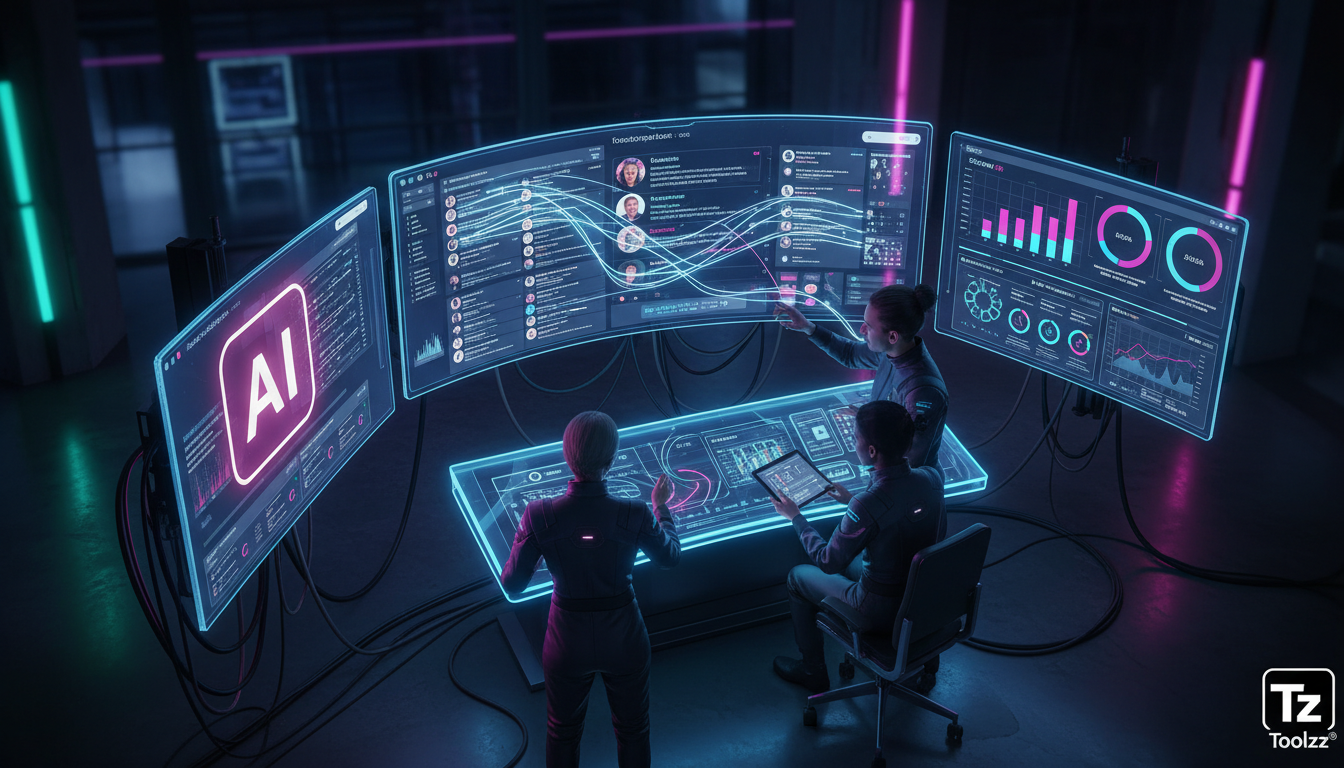 Como economizar 7 mil por mês com Instagram API — Uma visão aérea de uma sala de controle de missão moderna, mas com foco em social media. Várias telas mostram feeds do Instagram, painéis de análise e