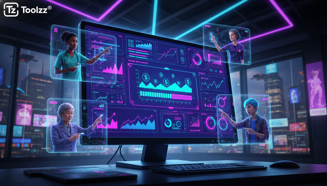 Como economizar 7 mil por mês com Instagram — Uma tela de computador mostrando um dashboard da Toolzz com gráficos de desempenho do Instagram. Vários avatares de diferentes etnias e profissões estão i