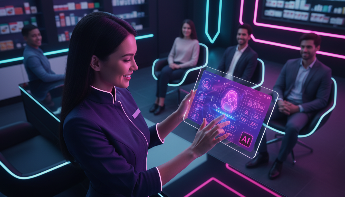 Como economizar R$7 mil por mês com Agendamento IA — Visão aérea de uma recepcionista de farmácia sorrindo e gesticulando para um tablet que exibe uma interface de agendamento intuitiva da Toolzz AI. 