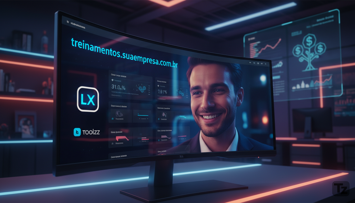 Como economizar R$7 mil por mês com Domínio Personalizado — Close-up de um monitor exibindo uma interface de LXP/LMS com um domínio personalizado (treinamentos.suaempresa.com.br). O reflexo no monitor