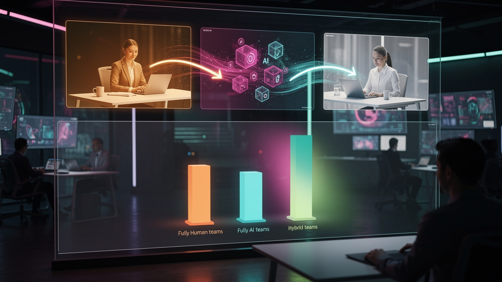 Como Equipes Híbridas de IA e Humanos reduzem erros em 2026 — Um diagrama infográfico dividido em duas partes. Na parte superior, um fluxo de trabalho mostrando uma tarefa sendo iniciada por um humano