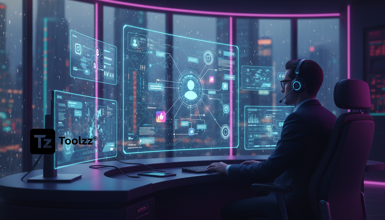 Como escalar automação no Instagram para seguros sem perder qualidade — Um painel de controle futurista em uma central de atendimento de seguros, com hologramas mostrando dados de clientes e interaçõe