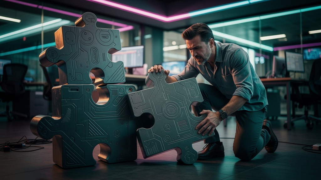 Como escalar Educação Corporativa sem perder qualidade — Close-up de um funcionário frustrado tentando encaixar manualmente diversas peças de um quebra-cabeça gigante que representa os processos de tr