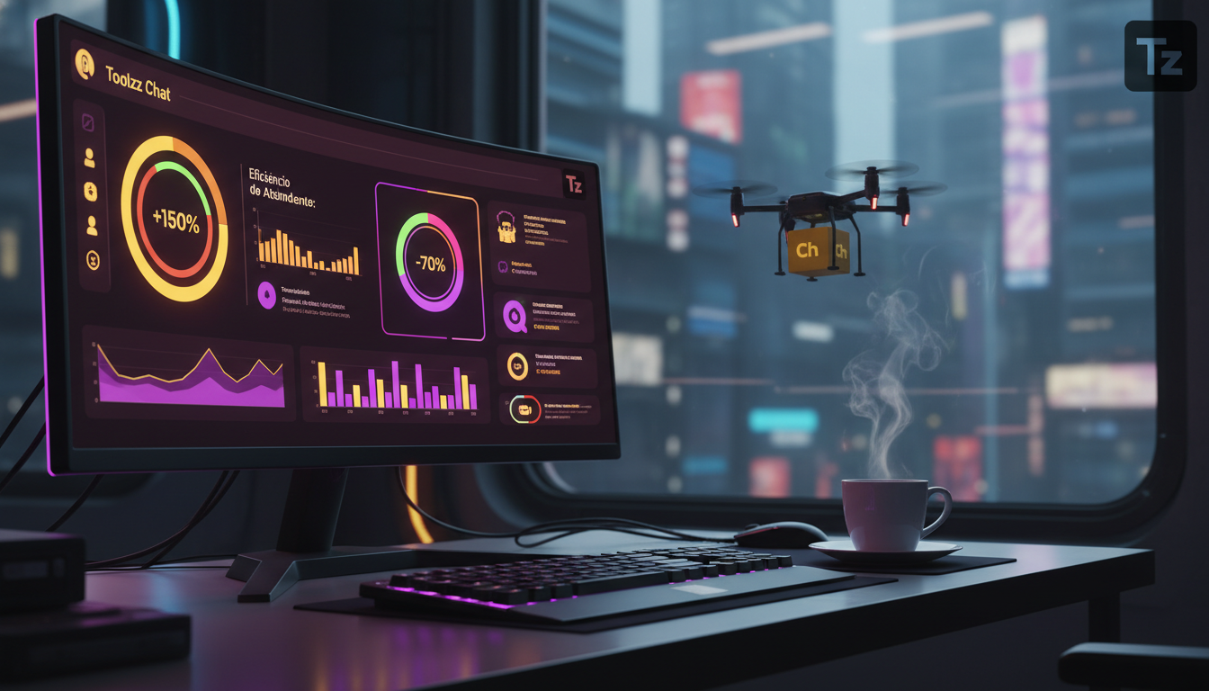 Como escalar Instagram Commerce sem perder qualidade — Uma tela de computador mostrando o painel de controle intuitivo da Toolzz Chat. Vários gráficos coloridos exibem o aumento da eficiência no atend
