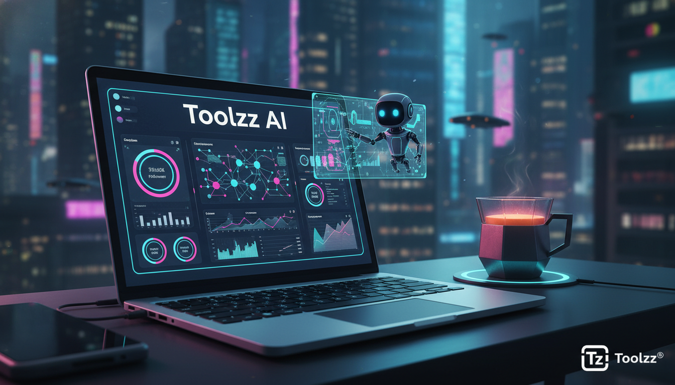 Como escalar o marketing no Instagram com IA sem perder a qualidade — Uma mesa de escritório moderna com um notebook aberto exibindo o painel da Toolzz AI. Vários gráficos e métricas de desempenho do 