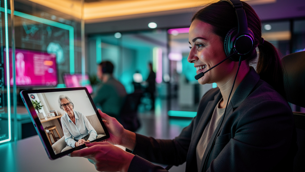 Como escalar transferência IA-humano no atendimento sem perder qualidade — Um agente de atendimento ao cliente, com um sorriso genuíno, auxiliando um cliente idoso através de uma videochamada em um ta
