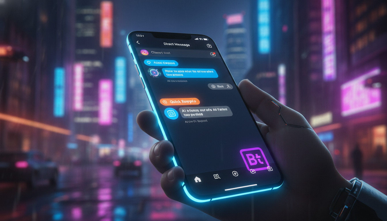 Como Escolher a Melhor Automação de Instagram DM para 2026 — Close-up de uma tela de smartphone mostrando uma conversa de Instagram DM com um chatbot da Toolzz respondendo a perguntas de clientes. A i