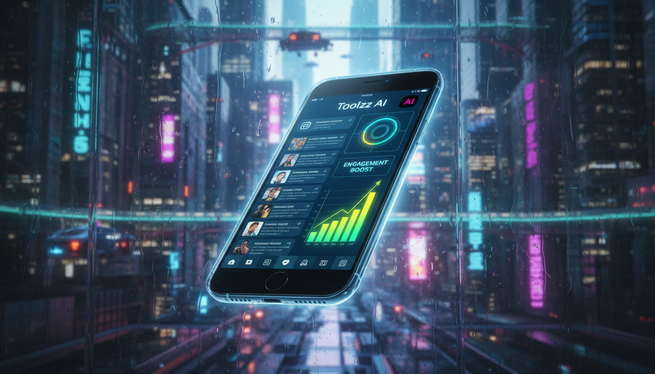 Como escolher a melhor ferramenta de automação Instagram em 2026 — Uma tela de smartphone mostrando um painel de controle da Toolzz AI, exibindo agendamento de posts do Instagram com horários e legend