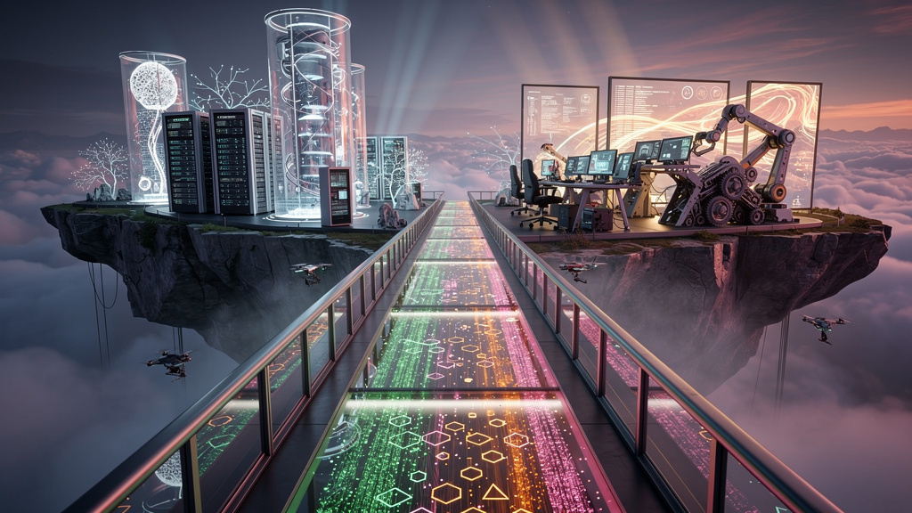 Como escolher a melhor ferramenta MCP para agentes de IA em 2026 — Ilustração de uma ponte futurista interligando duas ilhas flutuantes. Uma ilha representa 'Modelos de IA' (com ícones de redes neurai