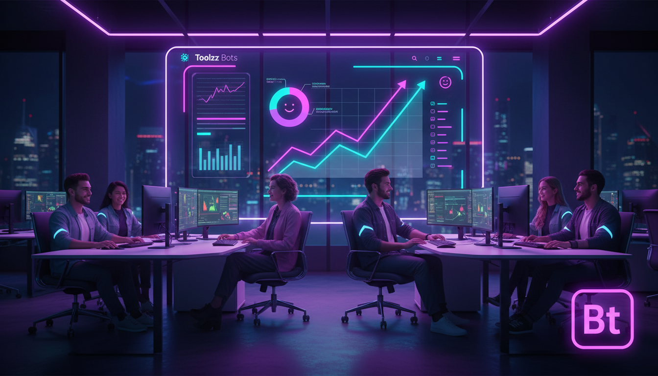 Como escolher a melhor ferramenta para chatbot Instagram em 2026 — Um escritório moderno e movimentado, com foco em uma tela grande exibindo um painel de controle da Toolzz Bots. Vários funcionários e