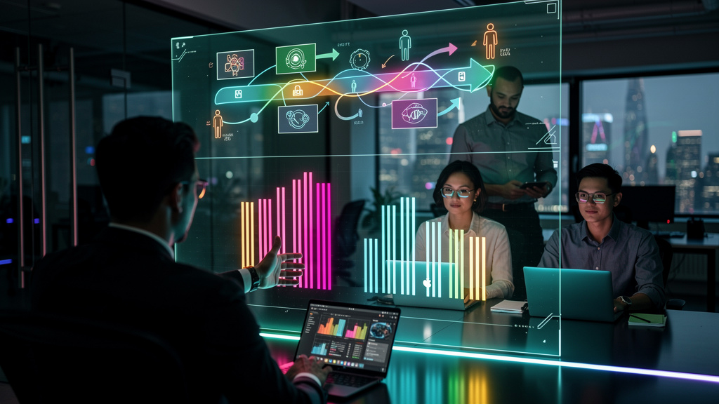 Como escolher a melhor ferramenta para equipes híbridas de IA — Um diagrama infográfico dividido em duas partes (superior e inferior para carrossel). Parte superior: Fluxograma mostrando o processo de