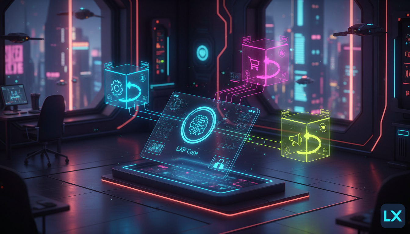 Como escolher a melhor Gestão de Turmas em LXP em 2026 — Ilustração isométrica de uma plataforma LXP exibindo diferentes grupos de usuários (turmas) organizados por ícones distintos (ex: vendas, marke