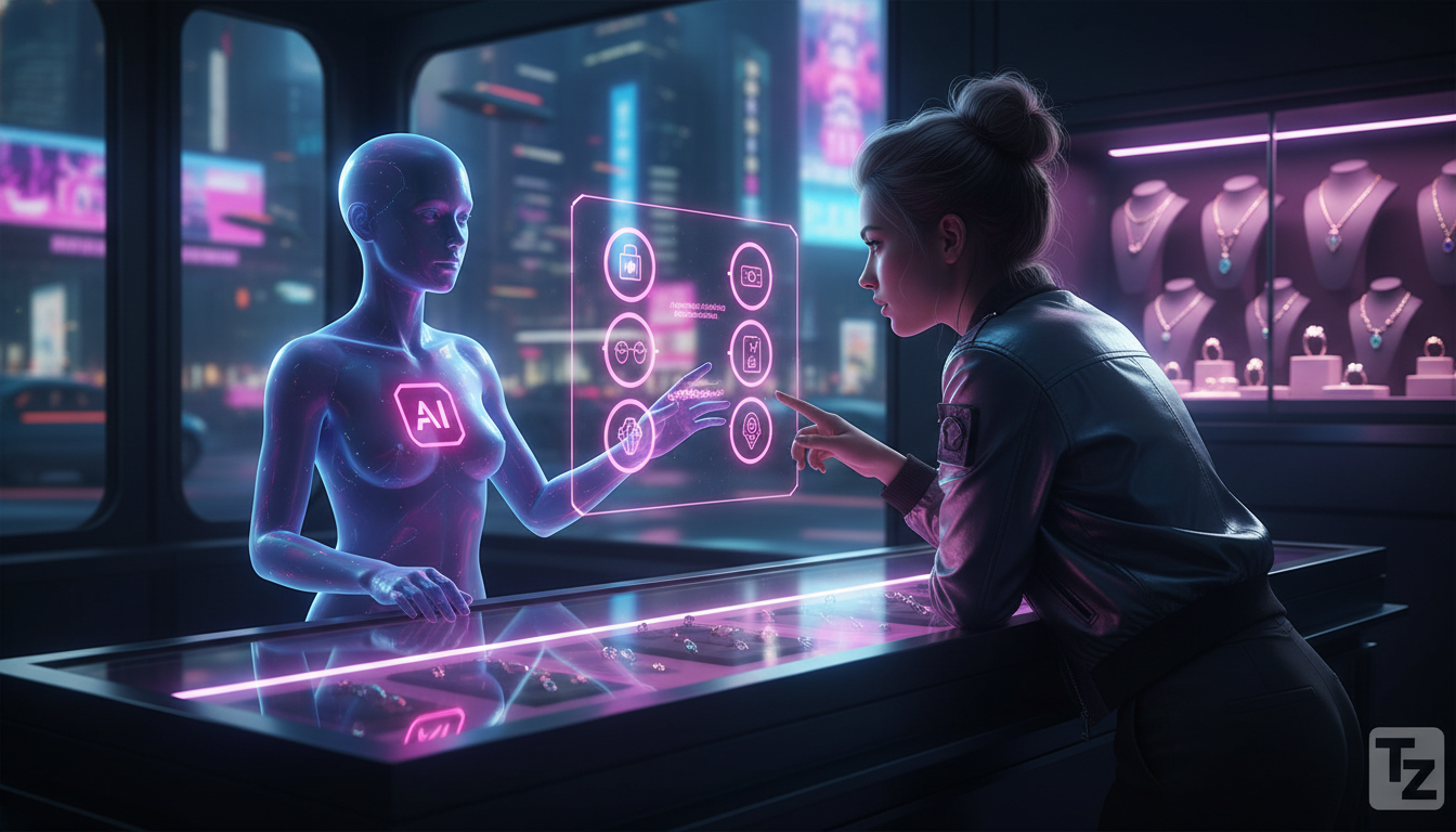 Como escolher a melhor IA para Instagram em 2026 — Um elegante balcão de joalheria com um atendente de IA holográfico da Toolzz, com o logo Toolzz claramente visível em seu design futurista, interagin