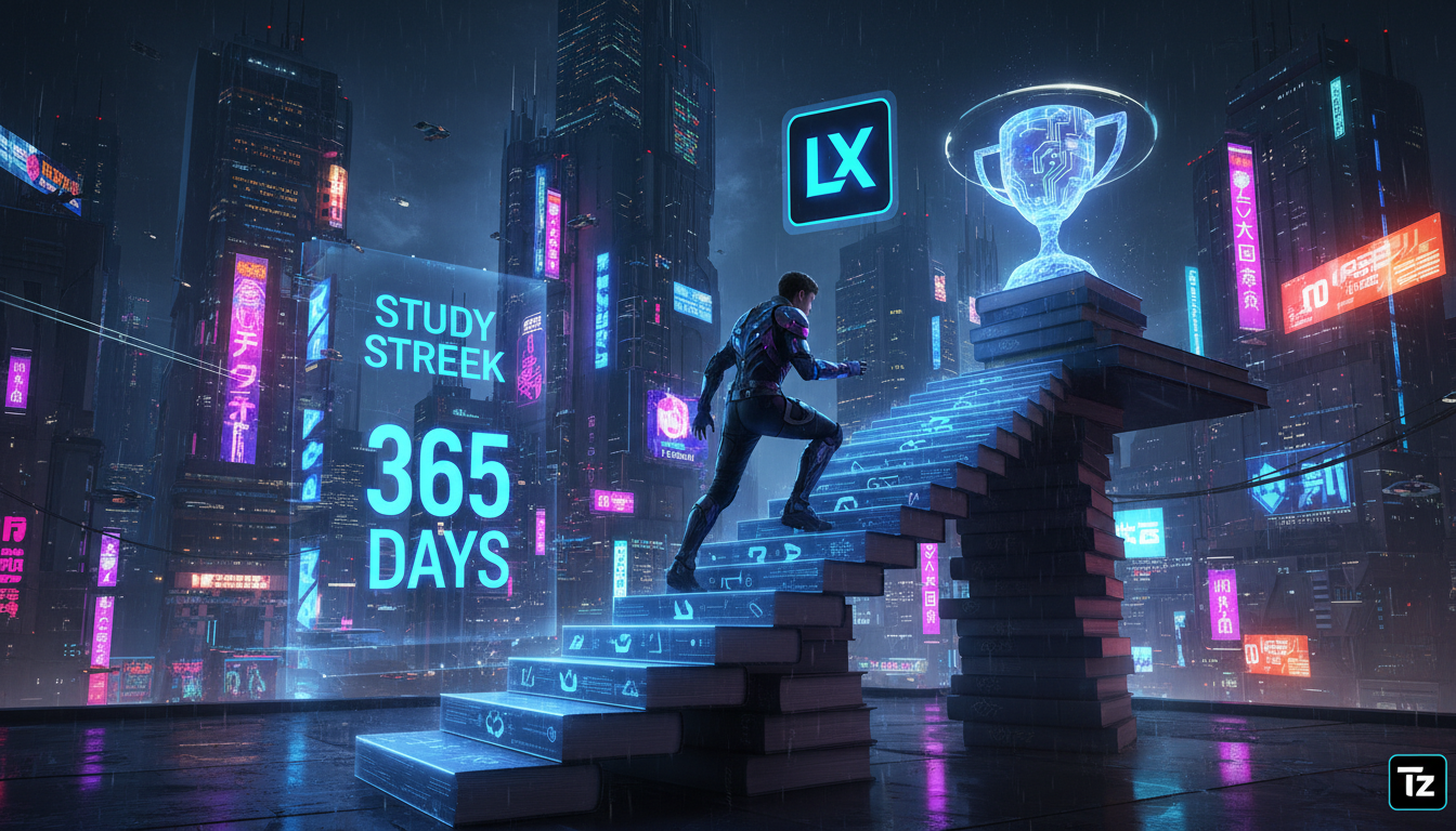 Como escolher a melhor LXP para Streak de Estudo em 2026 — Ilustração isométrica de um personagem de desenho animado subindo uma escada feita de livros. Cada degrau representa um dia consecutivo de es