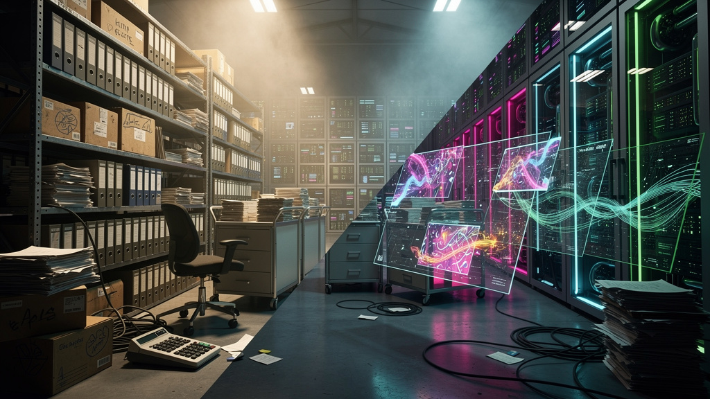 Como escolher a melhor plataforma de Agentes de IA para 2026 — Um armazém financeiro tradicional, com estantes repletas de documentos em papel, substituído gradualmente por servidores de dados e telas