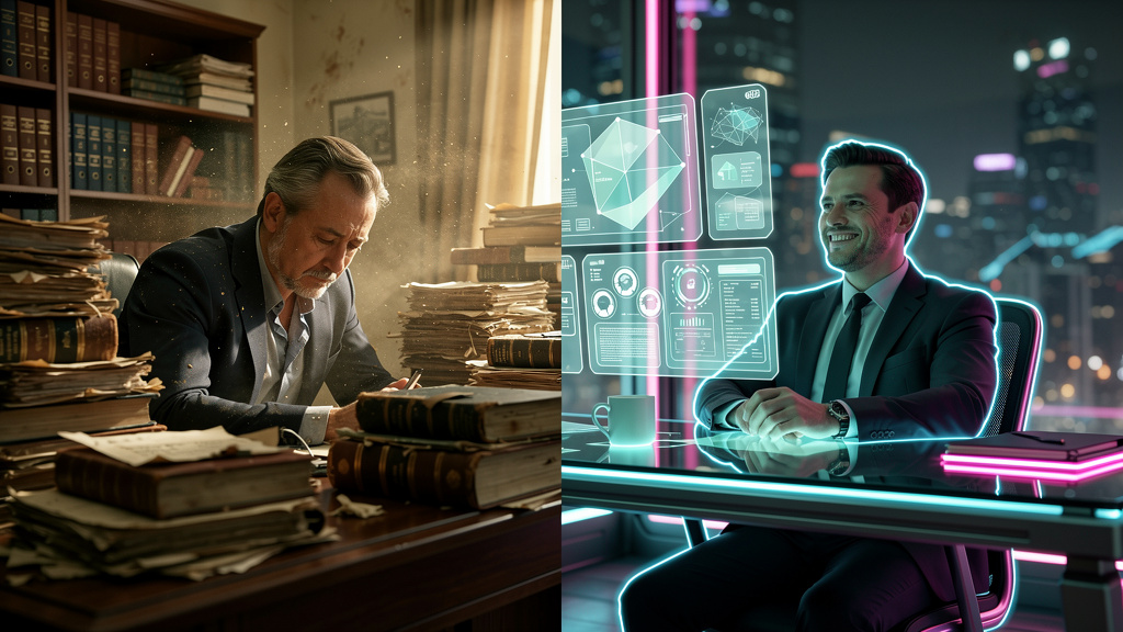 Como Escritórios de Advocacia Podem Dominar a Busca por IA — Uma tela dividida mostrando de um lado um advogado pesquisando em uma pilha de documentos empoeirados e, do outro lado, o mesmo advogado so
