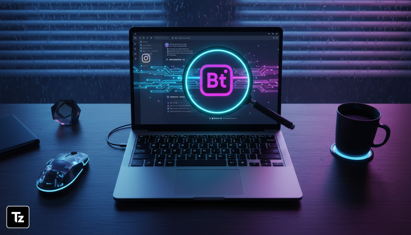 Como evitar armadilhas ao implementar automação Instagram — Visão aérea de uma mesa de escritório moderna e minimalista. Um notebook aberto exibe a API do Instagram com o logo da Toolzz integrado. Uma