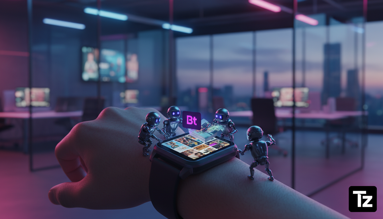 Como evitar armadilhas ao implementar IA no Instagram em 2024 — Um close-up das mãos de um gerente de marketing, usando um smartwatch com a interface do Instagram aberta. Pequenos robôs estilizados, c