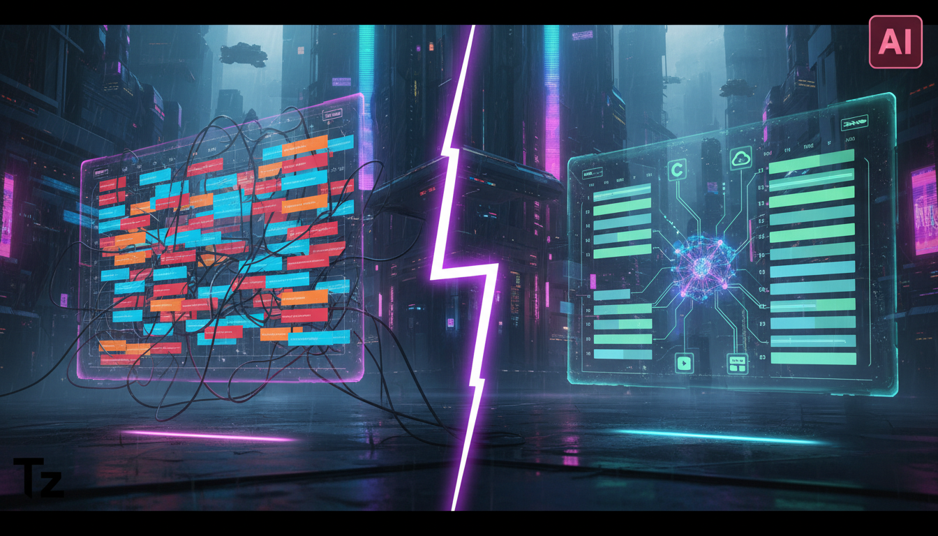 Como evitar armadilhas ao implementar Instagram Commerce IA em 2026 — Uma tela dividida mostrando, de um lado, um calendário complexo e caótico com compromissos sobrepostos e, do outro, um calendário 