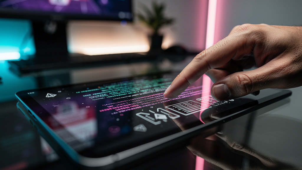 Como evitar armadilhas ao implementar marketing de IA em 2026 — Close-up de um dedo digitando em um tablet. No reflexo da tela do tablet, vê-se o logo da Toolzz AI e linhas de código se transformando 