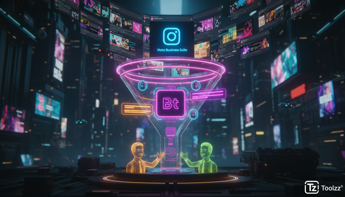 Como evitar armadilhas ao implementar Meta Business Suite IA — Ilustração digital mostrando um funil de vendas que se inicia em um feed do Instagram repleto de posts atraentes, com o logo da Meta Busi