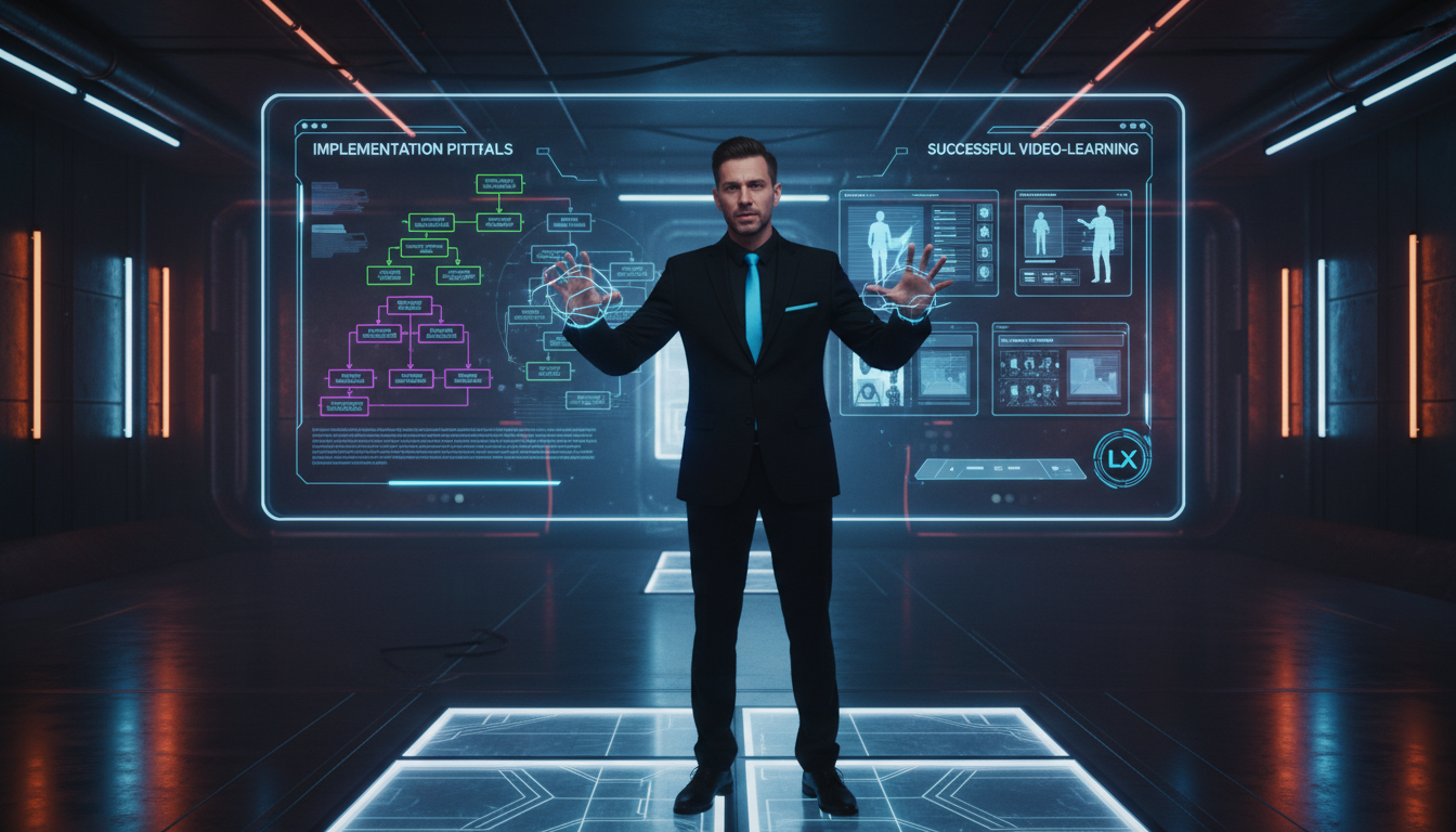 Como evitar armadilhas ao implementar Videoaulas em 2026 — Um instrutor de terno e gravata, utilizando gestos expressivos, apresenta um conceito complexo em frente a uma lousa digital interativa. A lo