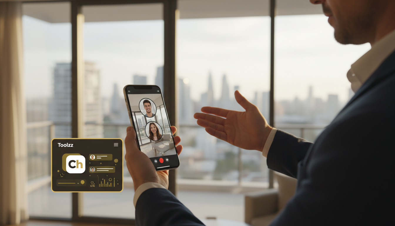 Como Fazer Atendimento Omnichannel usando Toolzz de forma simples? — Um corretor de imóveis mostrando um apartamento moderno para um casal através de uma videochamada no Instagram. O corretor segura o