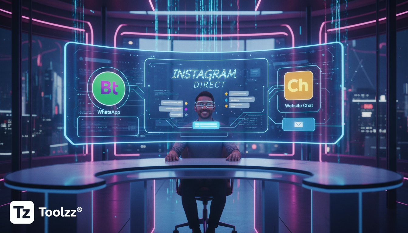 Como Fazer IA para Instagram Business de forma simples? — Uma visão panorâmica de uma central de atendimento omnichannel. Várias telas exibem diferentes canais de comunicação: Instagram Direct, WhatsA