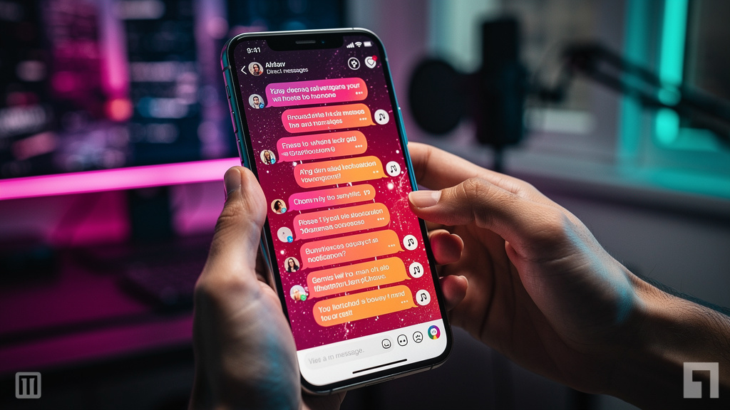 Como Fazer Influencer AI usando Toolzz de forma simples? — Um close-up nas mãos de um influenciador, mostrando a tela de um smartphone onde notificações de mensagens do Instagram se acumulam rapidamen