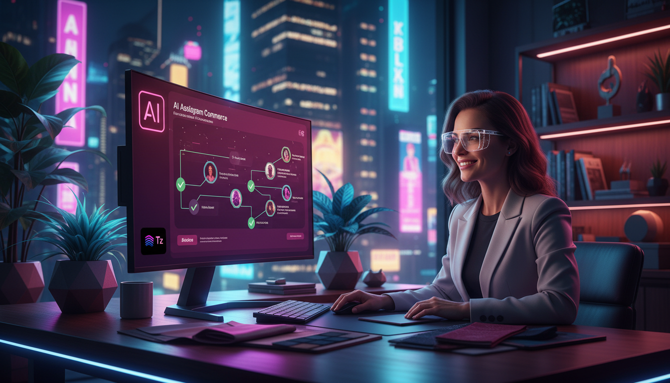 Como Fazer Instagram Commerce com IA de forma simples? — Um designer de interiores usando óculos de design, sorrindo enquanto observa em seu monitor a tela de um agente de IA da Toolzz qualificando le